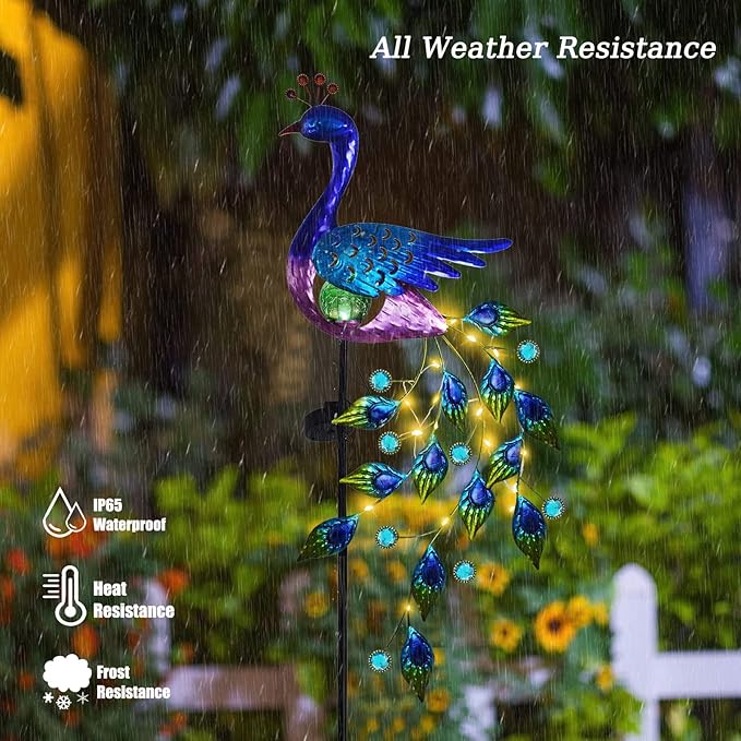 DREAMSOUL Peacock Solar Garden Lights Outdoor Decorative Stake Waterproof Metal Peacock Garden Decor Solar Powered Landscape LED Path Lights Walkway Patio Decoration Lawn Ornament