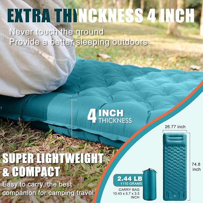 Inflatable Camping Sleeping Pad with Pillow Extra Thickness 4 Inch Sleeping Mat with Built-in Pump Compact &amp Ultralight Camping Air Mattress for Backpacking Hiking Tent Traveling