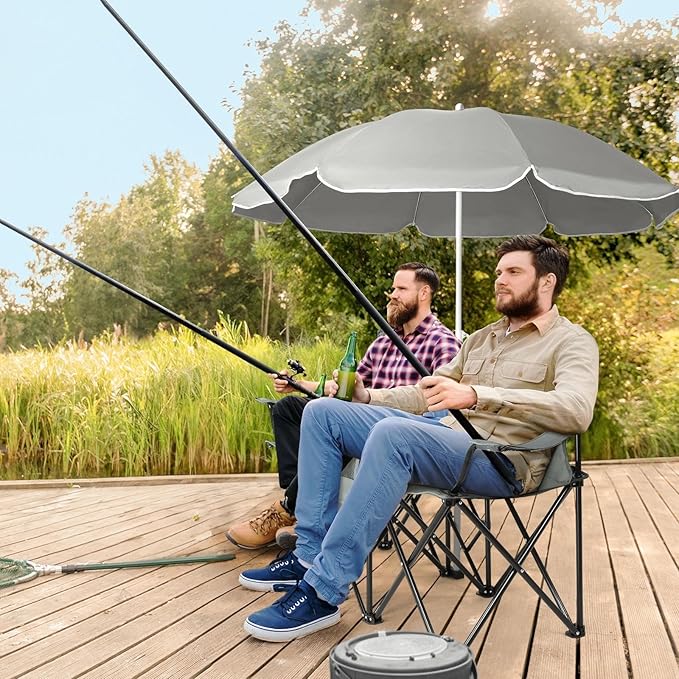 Double Camping Chair with Umbrella Portable Folding Beach Chairs Cup Holders Gray