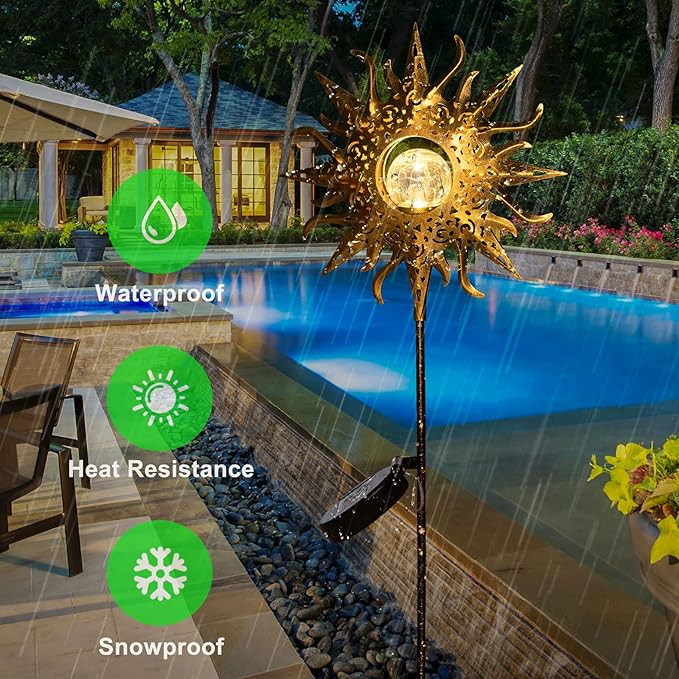 HOMEIMPRO Large Sun Solar Garden Decor Lights Outdoor Garden Gifts Mom Dad Crackle Glass Metal Stake Backyard Decor Waterproof LED Lights for Lawn Patio Ornaments Mothers Day Gifts for Women