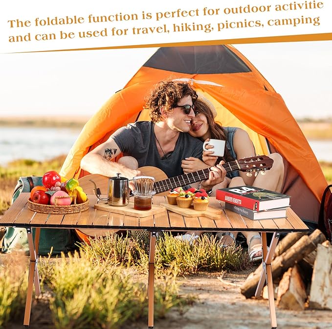 Suzile 2 Pack 4FT Folding Camping Table Roll Up Portable Camp Table with Carry Bag Low Collapsible Lightweight Aluminum Outdoor for Camping Picnic Beach Patio Kitchen(Yellow Wood Color)