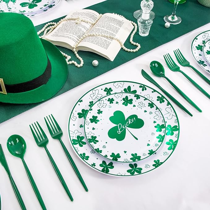 Rubtlamp 60Pcs Plastic Green PlatesSt Patricks Day Plates with Green Trefoil and Lucky Alphabet Green Disposable Plates include 30 Plastic White Dinner Plates and 30 Salad Plates for Spring