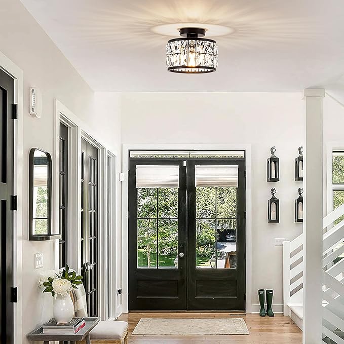 Crystal Ceiling Light Fixture Modern Semi Flush Mount Ceiling LightCrystal Chandelier for Kitchen Bedroom Bathroom Entryway Black Finish