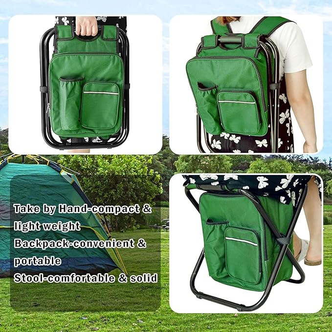 Kikerike Portable Stool Backpack Cooler Chair 300 LBS Max Load Folding Fishing Cooler Backpack Stool for Outdoors Hiking Beach Travel - Army Green