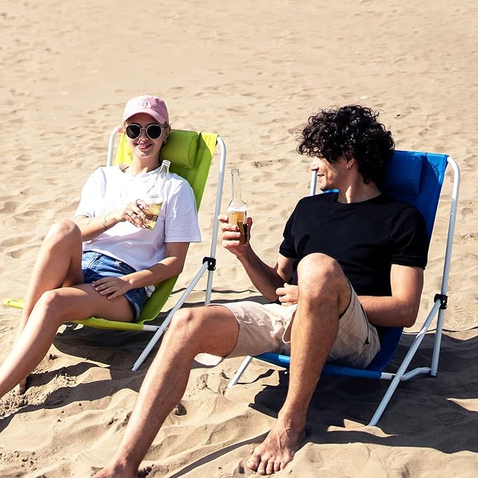 SUNNYFEEL Folding Low Beach Chair High Back Lightweight Portable Sand Chair with Pillow for Adults Heavy Duty 300 LBS Easy-to-Use Foldable Camping Chairs for Camp/Lawn/Outdoor/Travel/Picnic