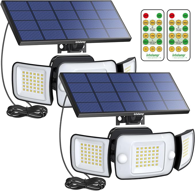intelamp Solar Flood Lights Outdoor Waterproof 2 Pack 6000mAh 1200LM Solar Powered Dual Motion Sensor LED Lighting Dusk to Dawn Security Floodlight Exterior with Remote 9.8ft Cable for Garden House