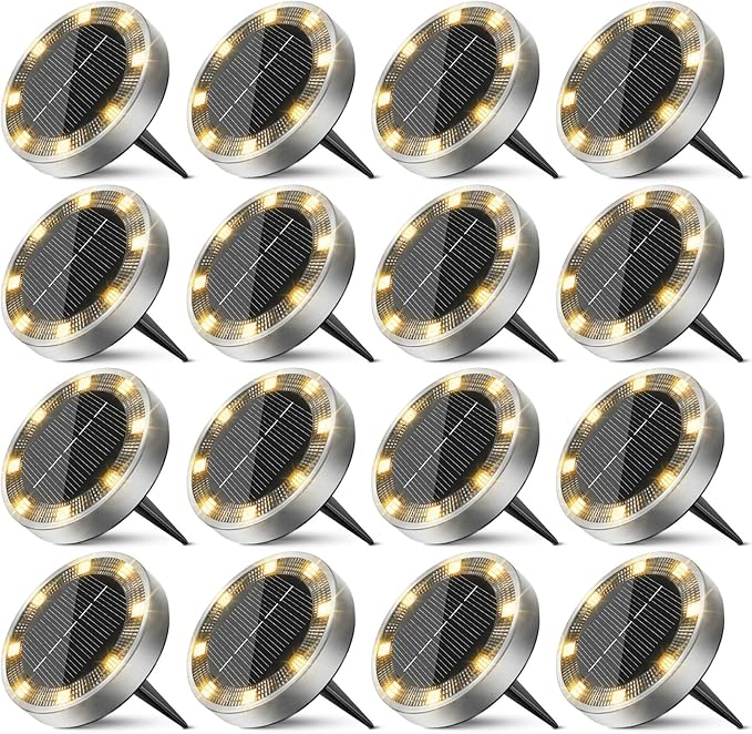 16 Pack Solar Ground Lights Outdoor 8 LED Mini Flat Solar Disk Lights IP65 Waterproof Anti-Rust Disc Light Landscape Lighting for Garden Pathway Yard Walkway Driveway LawnWarm White