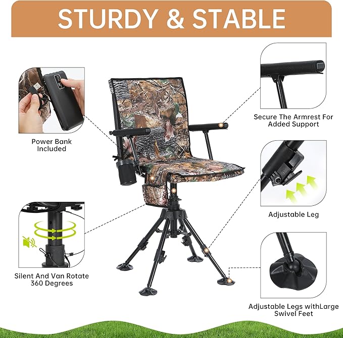 Heated Swivel Hunting Chair with Battery 360 Degree Slience Hunting Blind Chair with Armrest Cup Holder Camouflage Pattern for Deer Bird Hunting (Heated 1 Pack)