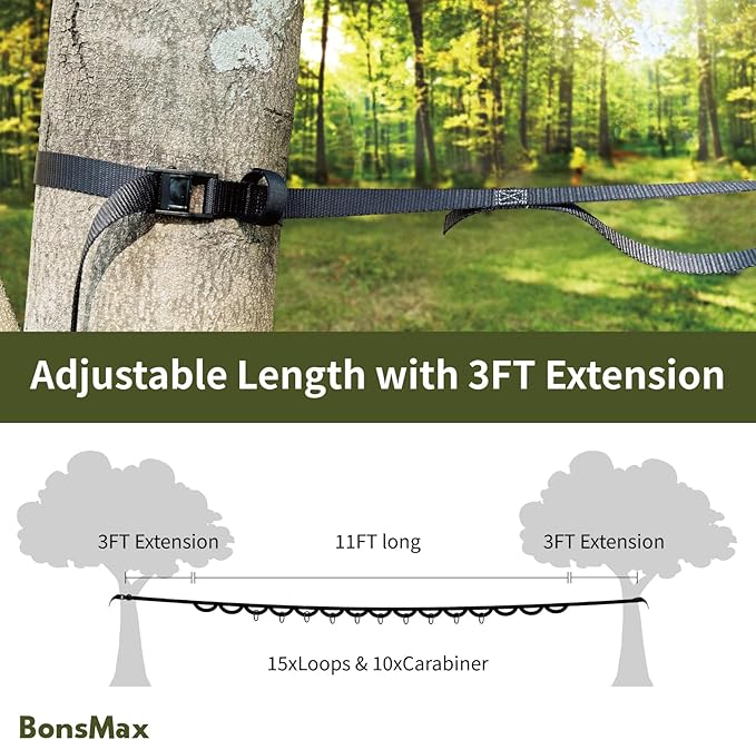 Camping Storage Strap Organizer for Campsite Backyard Garage Cam Buckle Strap with 15 Loops and 10 Carabiners RV Camping Tent Hanging Gear (Camo)