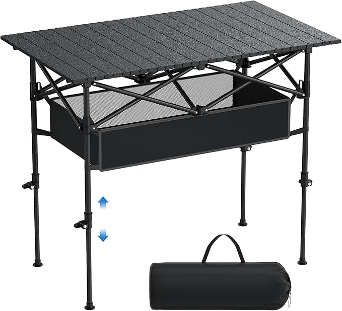 Camping Table Folding Portable Lightweight Roll Up Camp Table Adjustable Height with Carry Bag Indoor Outdoor for Camping Picnic Backyard BBQ Patio Black