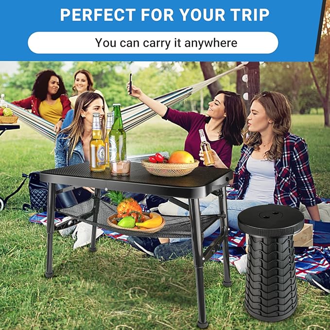 Portable Folding Table and Stool Set Lightweight Foldable Table &amp Collapsible Stool for Camping Picnic Beach Fishing Sturdy Small Outdoor Table with Mesh Layer Storage