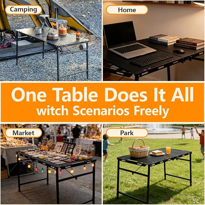 Camping Table Portable Folding Table 40.9x18.9 (Innovative Nitrogen Gas Strut) Adjustable Heights Outdoor Folding Tactical Table with Carry Handle Bonus Storage Bag for Camping Picnic Party