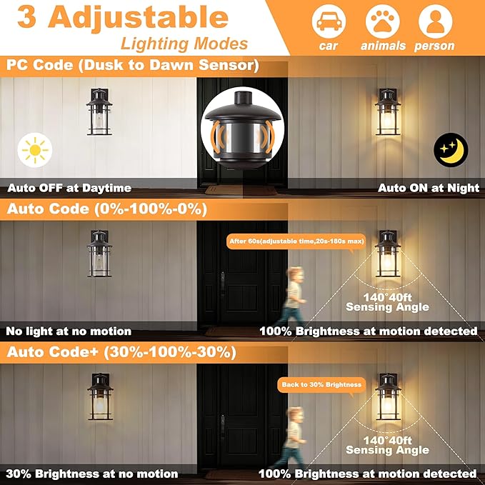OKELI Motion Sensor Outdoor Wall Lights-Dusk to Dawn Porch LightBrown Outdoor Lights Fixture3 Lighting Modes Waterproof Anti-Rust Outdoor Lights for House Porch Garage (2 Pack