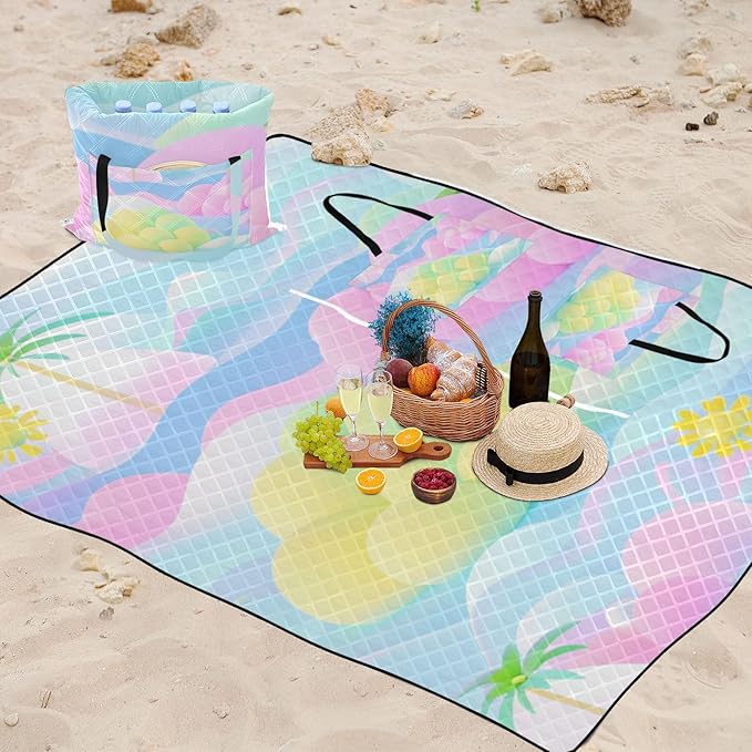 Outdoor Blanket Packable Beach Waterproof Blanket for Family Concert Blankets Cartoon Cute Blue Pink Flowers 60x80in
