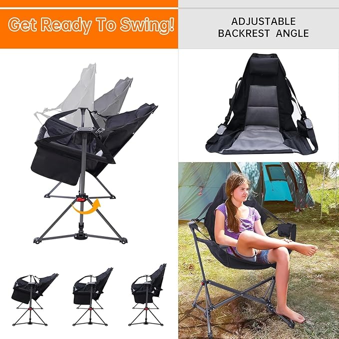 Hammock Chair Camping Rocking Chairs Swing Hammock Chair Adjustable Back Portable with Cup Holder Pillow and Carry Bag for Camping Outdoor Patio (2)