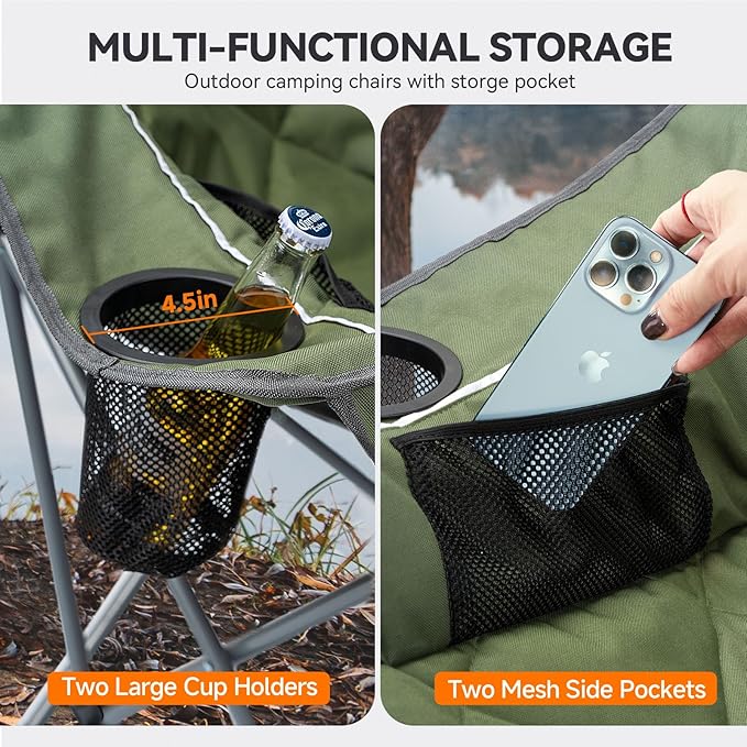 Heated Oversized Camping Chair for Adults Portable Folding Padded Chair with 3 Heat Levels Cup Holder Side Pocket and Carry Bag for Camping Outdoor Sports Picnic Lawn Supports up to 450lbs