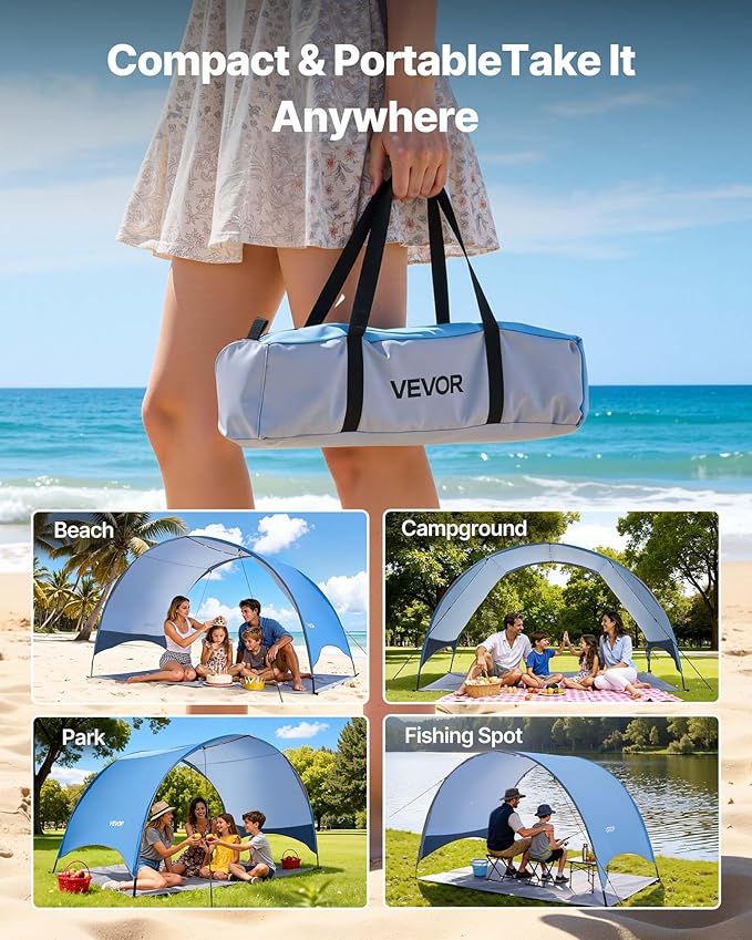 VEVOR Beach Tent Sun Shelter for 4 Person UPF 50+ Portable Sun Shade Beach with Carrying Bag &amp Ground Stakes Lightweight and Easy Setup Beach Umbrella for Camping Fishing Outdoor Picnic