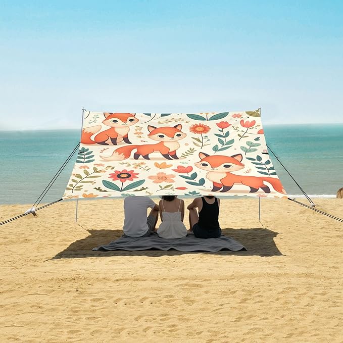 Cute Foxies and Floral Elements Camping Sun Shelter Beach Tent Portable Beach Sun Shade Outdoor Canopy for Camping Trips Fishing Picnic