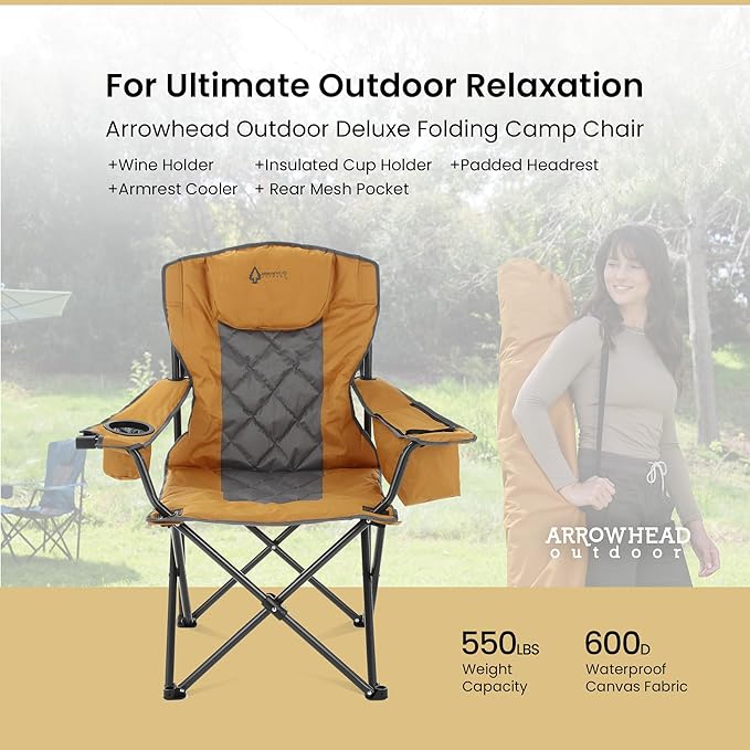 ARROWHEAD OUTDOOR 2-Pack Portable Folding Camping Quad Chair w/ 6-Can Cooler Cup &amp Wine Glass Holders Heavy-Duty Carrying Bag Padded Armrests Headrest &amp Seat Supports up to 550lbs