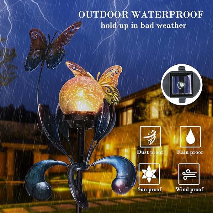 VCUTEKA Solar Lights Outdoor Metal Garden Stake Waterproof Crackle Glass Globe Garden Decor Butterfly for Pathway Lawn Patio Yard