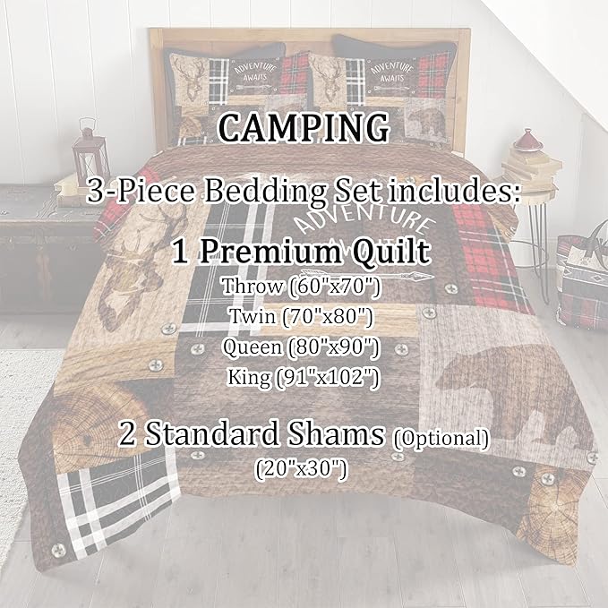Personalized Happy Camper Quilt - Adventure Awaits Hunting Rustic Checkers Camping Quilt Set Camping Bedding Queen Camping Bedding Camping Blankets for Sleeping