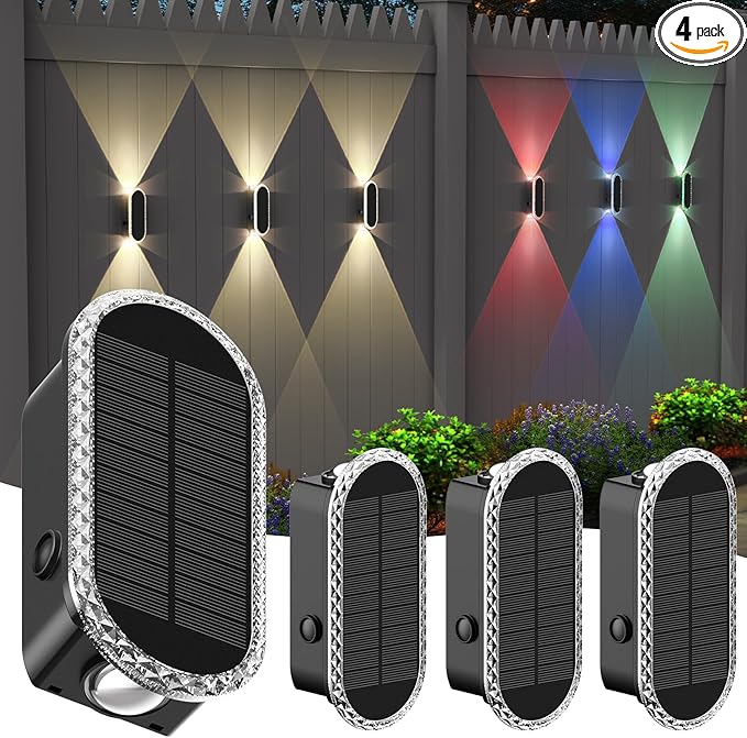 4 Pack Solar Fence Lights RGBW 8-Color Changing Waterproof Top and Bottom Lighting Wall for Landscape/Fence/Patio/Wall/Garden Christmas Solar Lights (2 Installation Modes)