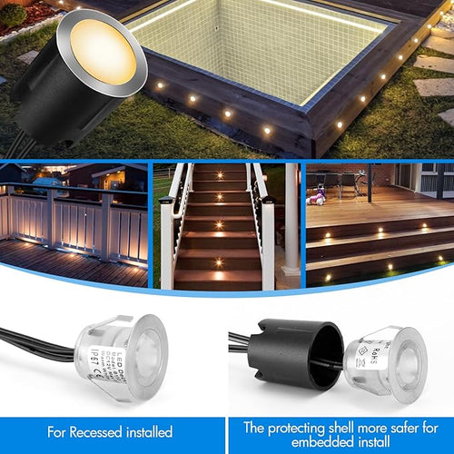 16 Pack LED Recessed Deck Lights with Protecting Shell IP68 Waterproof Warm White 0.6W  Outdoor Landscape Lighting 12V Low Voltage Deck Lights Kit for Garden Yard Step Riser Stair Decoration