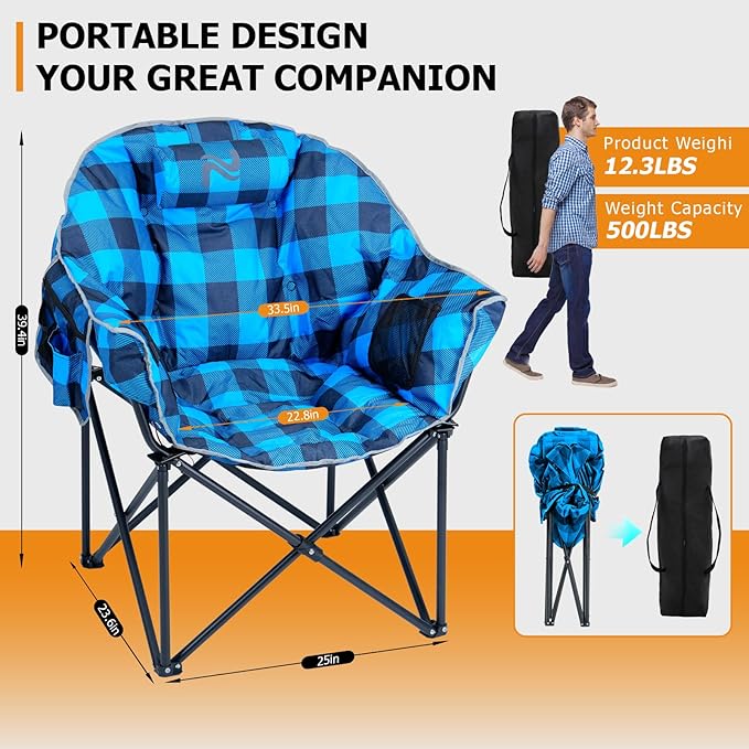LILYPELLE Oversized Heated Camping Chair Patio Lounge Chairs with 3 Heat Levels Portable Folding Heated Chair Round Moon Saucer Folding Lawn Chair Outdoor Chair for Camping Lounge Patio