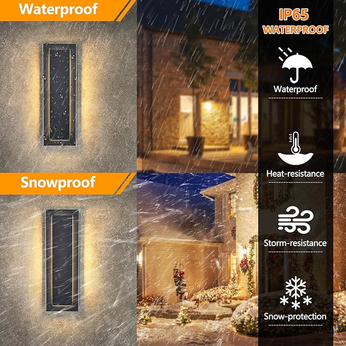 tewei 2 Pack LED Outdoor Wall Lights 15.7'' Modern Outdoor Indoor Wall Sconce Large Exterior Lighting Fixtures Outside Front Door Lights for House Hallway Warm White 3000K Black with Gold Finish