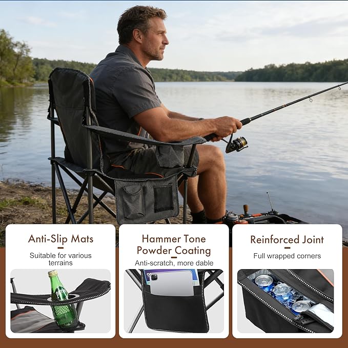 Oversized Camping Chair Heavy Duty Steel Frame 450 LBS Capacity Collapsible Padded Arm Chair with Cup Holder Lumbar Support Portable for Outdoor Garden Beach Home (2 Gray)