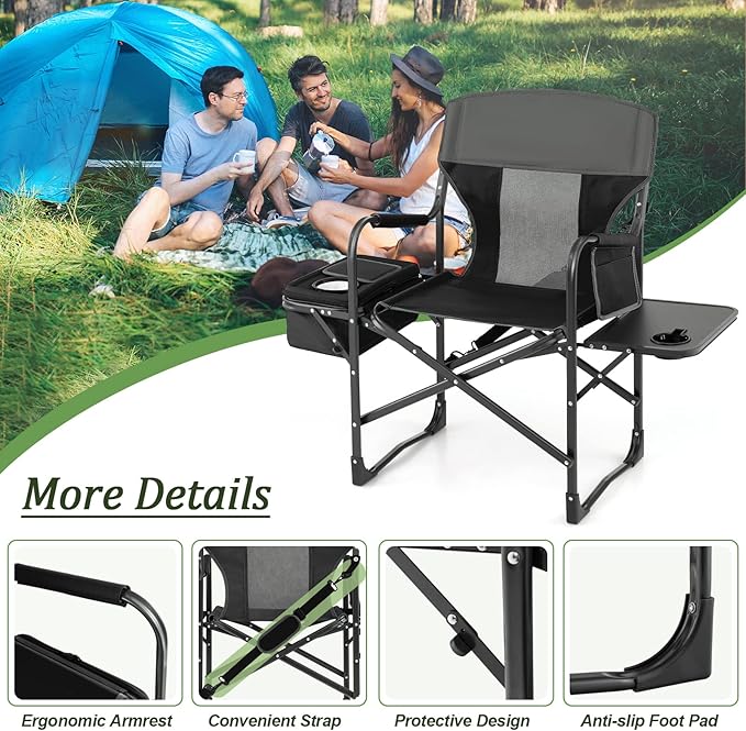 Giantex 2 PCS Camping Chairs Folding Directors Chair with Side Table Pocket Cooler Bag Shoulder Strap Handle Support 400 Lbs Lawn Chair Artist Chair for Makeup Fishing Picnic Black