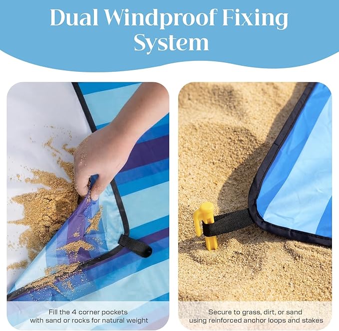 OIGAE Oversized Beach Blanket 9×10 ft Sand-Free Outdoor Mat for Groups Quick-Dry Picnic Blanket with Stakes &amp Corner Pockets Blue Stripe