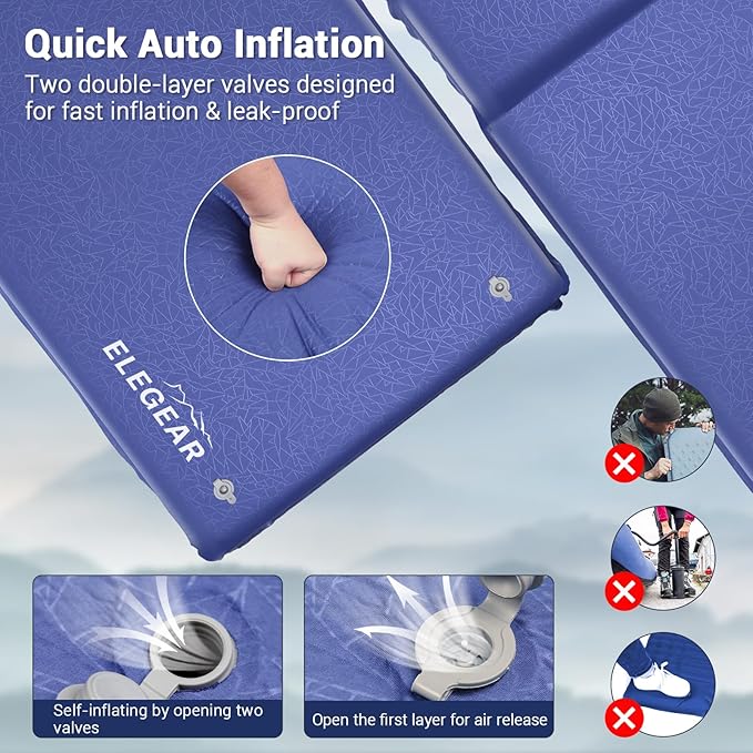 Elegear Self Inflating Sleeping Pad 3.18'' Ultra-Thick Memory Foam Camping Pad with Pillow 20s Fast Inflating Camping Mattress Pad 4-Season Insulated Camp Sleeping Mat for Camping/Travel/Tent/Car