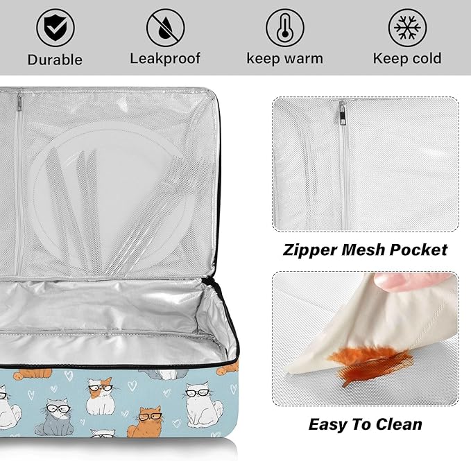 Casserole Carrier Pattern Cute Cartoon Cat PrintInsulated Casserole Carrier for Hot or Cold Food Thermal Lunch Tote for Potluck Parties Picnic Beach Fits 9 x 13 Inches Baking Dish