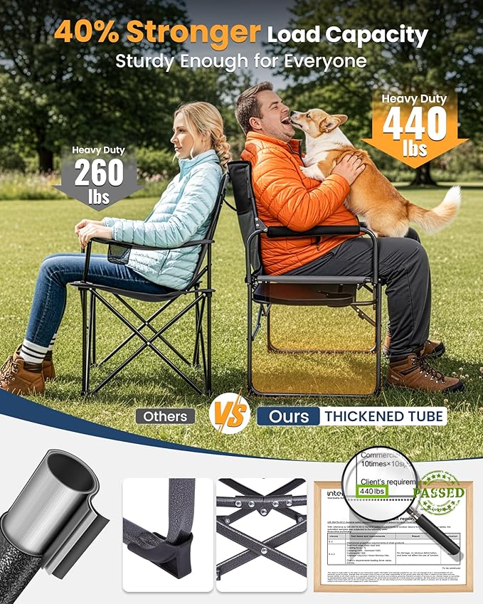 KingCamp Oversized Camping Directors Chair with Side Table Compact Design Heavy Duty 440lbs Folding Portable Padded Camp Chairs with Extra Wide Seat &amp Anti-Sag Fabric for Outdoor Fishing Sports