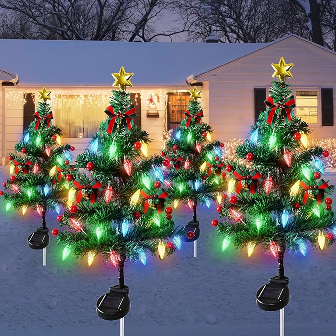 Dremisland 2Pack Solar Christmas Tree with 40LED Lights Outdoor Solar Christmas Decorations Waterproof Solar Powered Prelit Christmas Tree for Holiday Pathway Garden Yard (Solar Christmas Tree-2PCS)