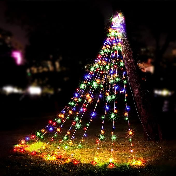 Christmas Decoration Star Lights Outdoor 320 LED 16.4Ft Christmas Tree Toppers String Lights[8 Modes&amp Waterproof] for Halloween Xmas New Year Holiday Birthday (Iron-Multicolor)