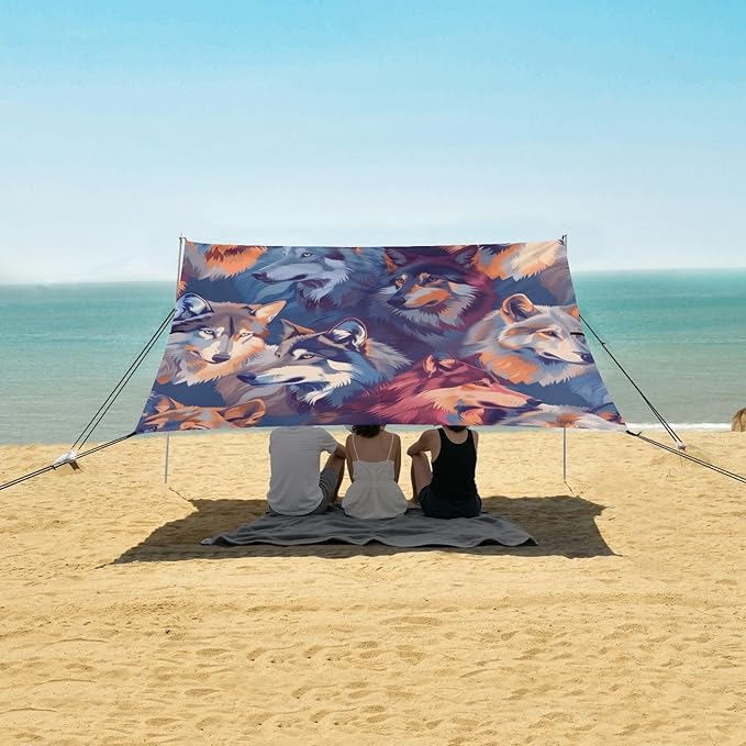 Wolves Colorful Beach Tent Sun Shelter 9.2' x 10.5' Beach Canopy with 4 Sandbags 4 Stability Poles Sand Shovels - Tent Canopy for Beach Camping Fishing Picnics