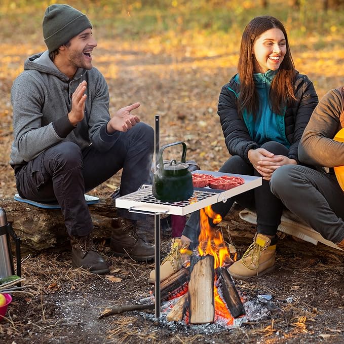 Skyflame Folding Campfire Grill Grate Stainless Steel Swivel Camping Grill Grate and Griddle with Carrying Bag Portable Outdoor Cooking Equipment for Open Flame Fire Pit Backpacking Camping