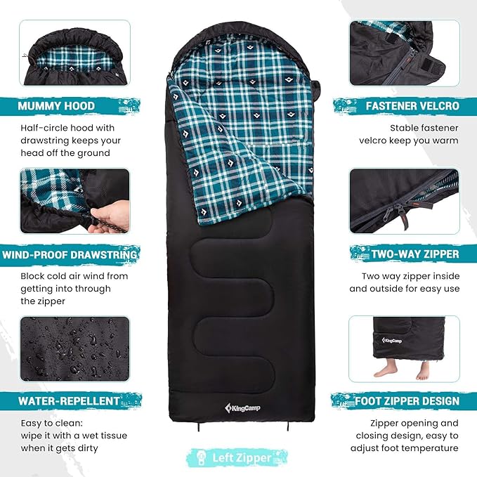 KingCamp Sleeping Bag for Adults Cold Weather &amp Warm XL Big and Tall Flannel Sleeping Bags with Compression Sack Portable Waterproof Essentials Gear Accessories for Outdoor Camping