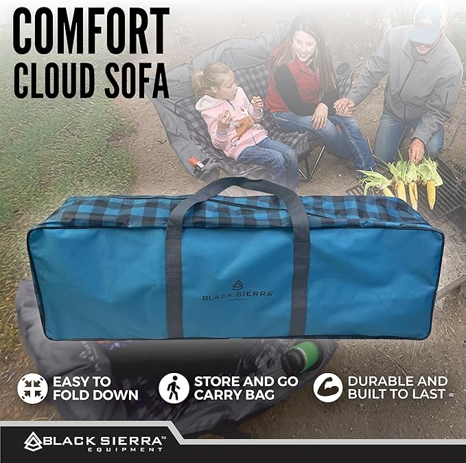 Black Sierra Double Camping Chair for Adults Oversized Folding Loveseat Supports 600 lbs Plush Padded Outdoor Couch with Cup Holders and Carry Bag for Beach Patio RV or Tailgating Events