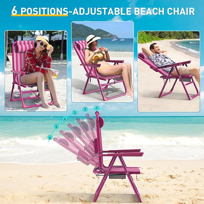Slendor Backpack Beach Chair 6-Positions Beach Chairs for Adults with Cooler Bag Reclining Beach Chair with Cup Holder Folding Camping Chair for Outside