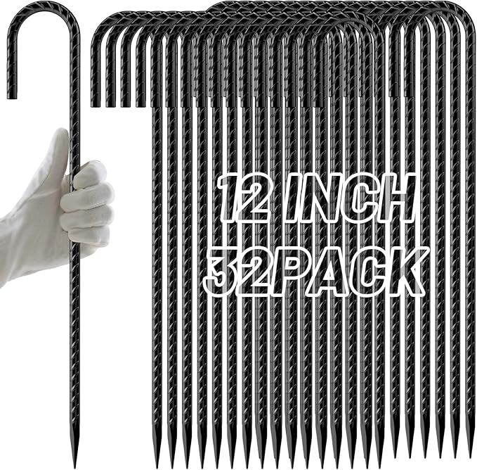 AAGUT Rebar Stakes 12 Inch 32 Pack J Hook Premium Black Coated Ground Garden Anchors Heavy Duty Superior Rust Resistance Chain Link Fence Stakes for Camping Tent Inflatables Lawn Decor