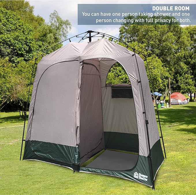 EasyGo Product Shower Shelter – Giant Portable Outdoor Pop UP Camping Shower Tent Enclosure – Changing Room – 2 Rooms – Instant Tent – 7.5' Tall x 4' Deep x 7.5' Wide Green