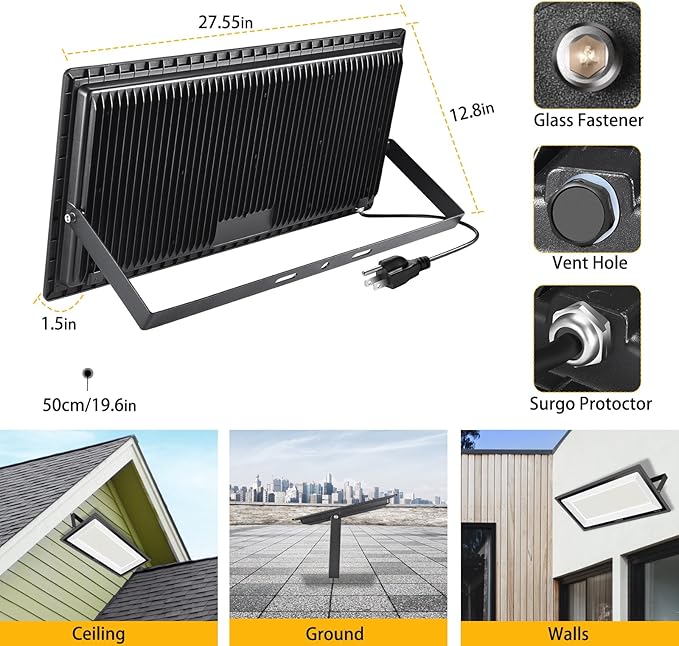 2 Pack 800W LED Flood Light Outdoor3750W Equivalent Super Bright FloodLight with Plug88500LM 5000K Daylight White IP66 Waterproof Commercial Lighting for Sports FieldsCountsArenaStadium