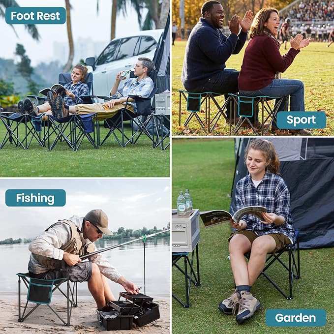 FUNDANGO Oversized Camping Stool for adults 2 Pack Thick Padded 18.1 Inch Folding Ottoman Foot Rest 440 Lbs Heavy Duty Outdoor Camp Chairs with Anti-Slip Foots &amp Carry Bag for Fishing Travel (Bl