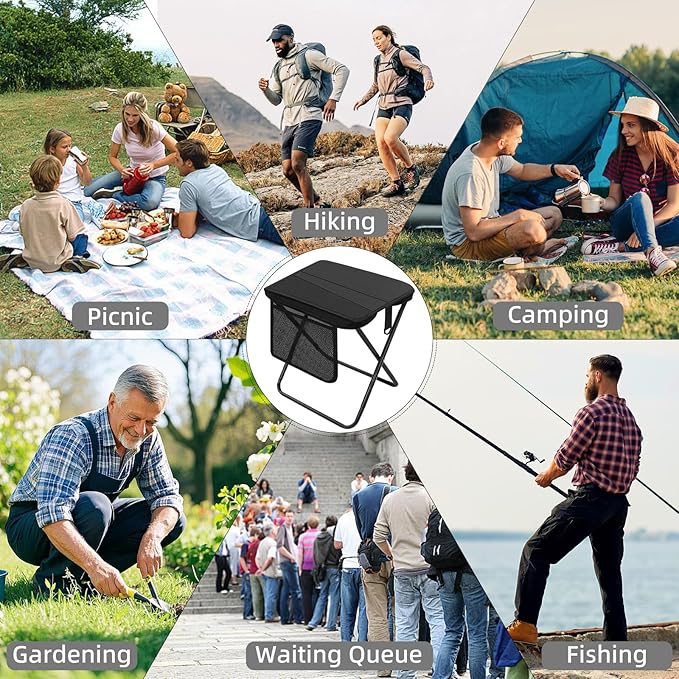 Portable Folding Camp Stool with Side Pocket Taller Foldable Camping Stool for Adults Metal Backpacking Stool Lightweight Mini Folding Chair Compact Camping Seat Travel Fishing Hiking Mobile Chair