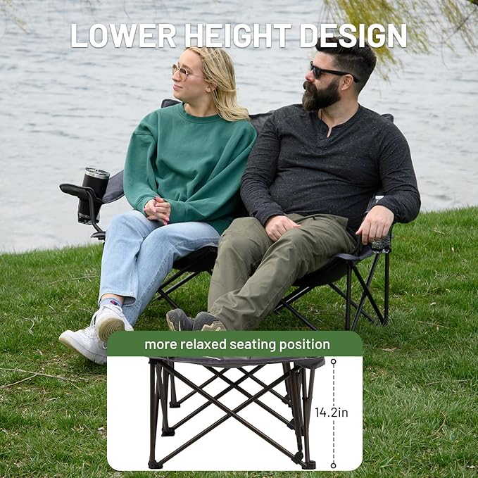 TIMBER RIDGE 2 Person Folding Loveseat Comfortable Double Foldable Camping Chair Folding Lawn chairs for Outside Grey
