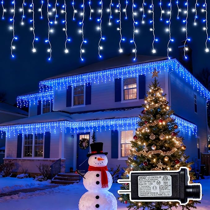 Christmas Outdoor Icicle Lights - 480 LED 66+33 FT 8 Modes Curtain Fairy String Light Plug in Waterproof for Eaves Yard Holiday Xmas Holiday Indoor Outdoor Decoration - Blue White