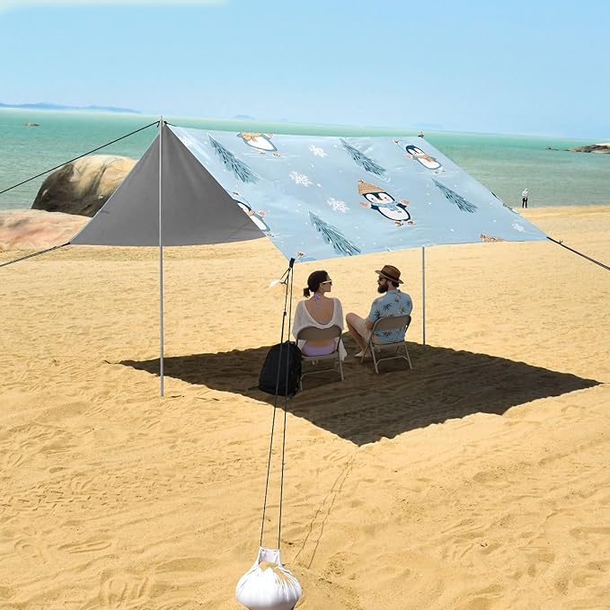 Bolaz Beach Canopy Tent Sun Shade9'×10.5' Large Family Beach Shade UPF50+- Outdoor Shade for Camping Trips FishingPenguin Pattern